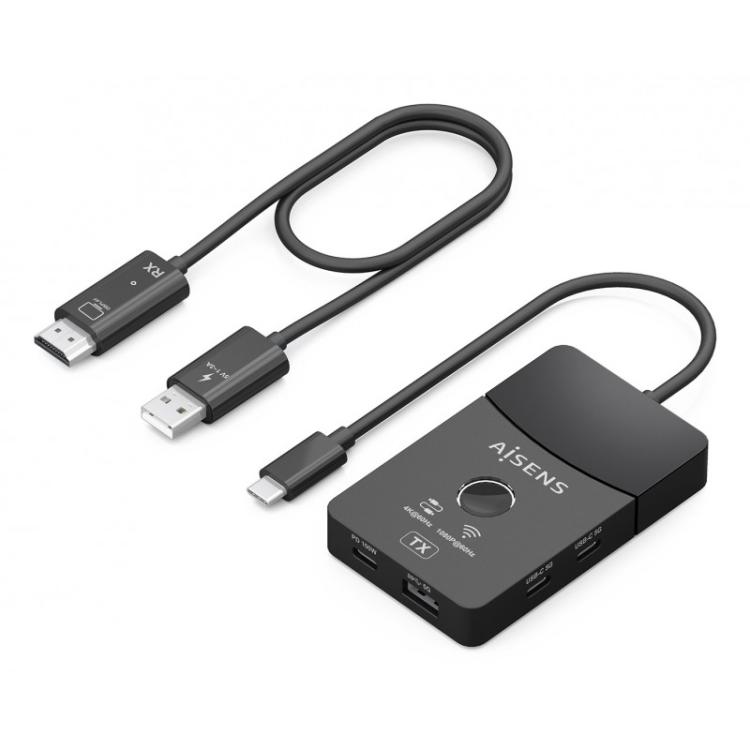 AISENS - Docking USB-C a HDMI 1080P@60Hz (Inalámbrico) 30M, 1xHDMI 4K60HZ (Cable) 2xUSB-C 1xUSB-A 1xUSB-C PD 100W, Negro