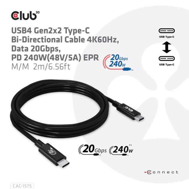 CLUB3D - CAC-1575 cable USB USB4 Gen 2x2 2 m USB C Negro