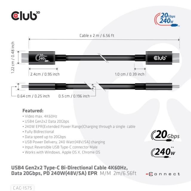 CLUB3D - CAC-1575 cable USB USB4 Gen 2x2 2 m USB C Negro
