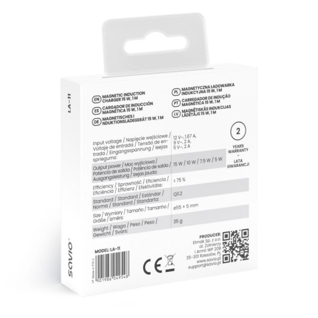 Savio - LA-11 cargador de dispositivo móvil Teléfono móvil, Universal Blanco CC Cargador inalámbrico Interior