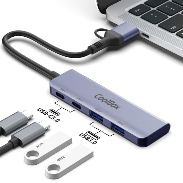 CoolBox - HUB4 LITE USB-C/A 4 PUERTOS 2USB-C Y 2USB-A 3.2 GEN1 ALUMINIO