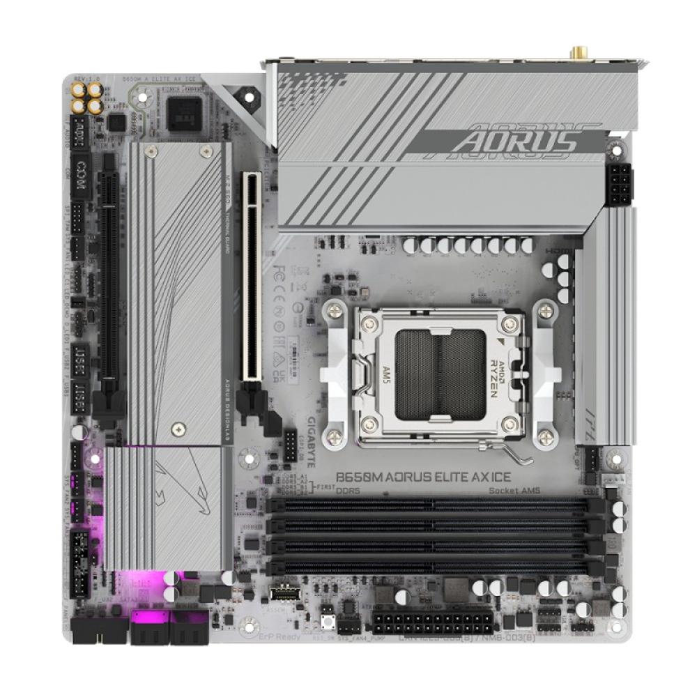 GIGABYTE - B650M AORUS ELITE AX ICE Placa base - AMD Ryzen serie 9000, VRM de 12+2+2 fases, hasta 8000 MHz DDR5 (OC), 1xPCIe 5.0