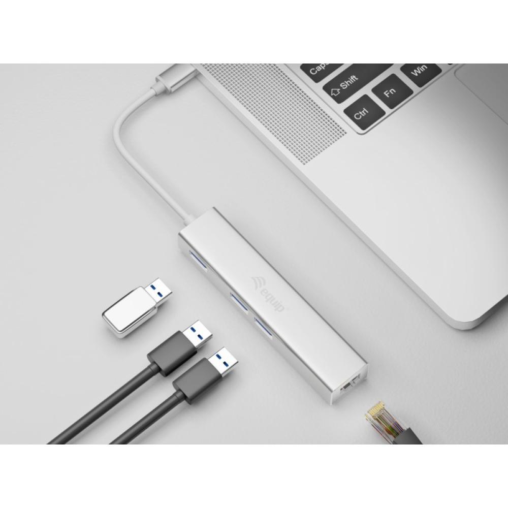 Equip - Hub USB-C a USB 3.0 de 3 puertos con adaptador Gigabit