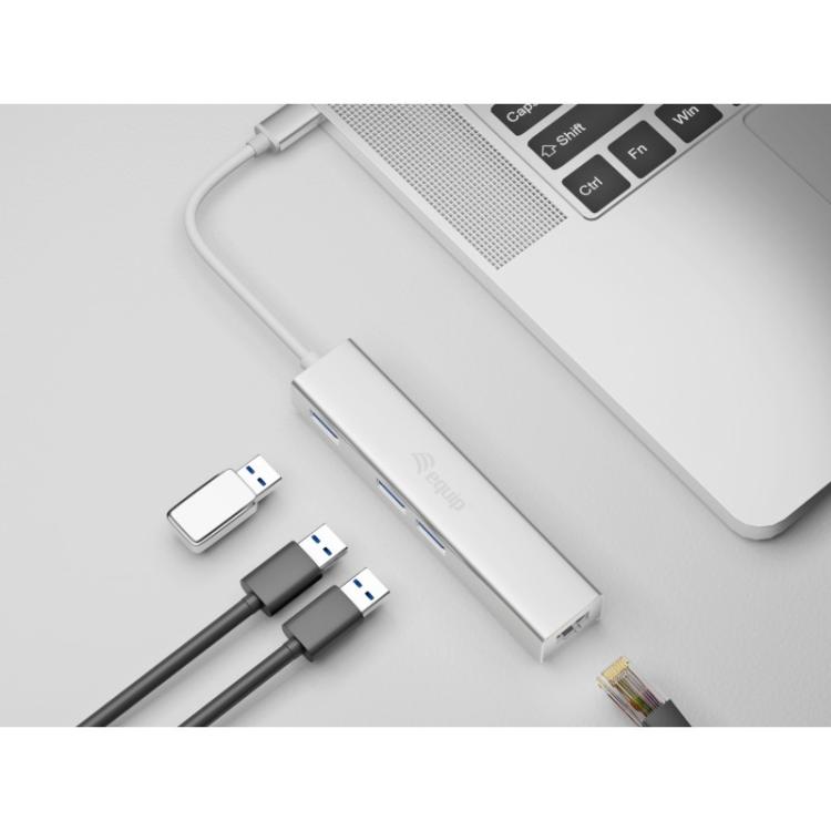 Equip - Hub USB-C a USB 3.0 de 3 puertos con adaptador Gigabit
