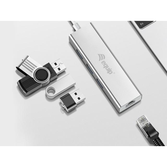 Equip - Hub USB-C a USB 3.0 de 3 puertos con adaptador Gigabit