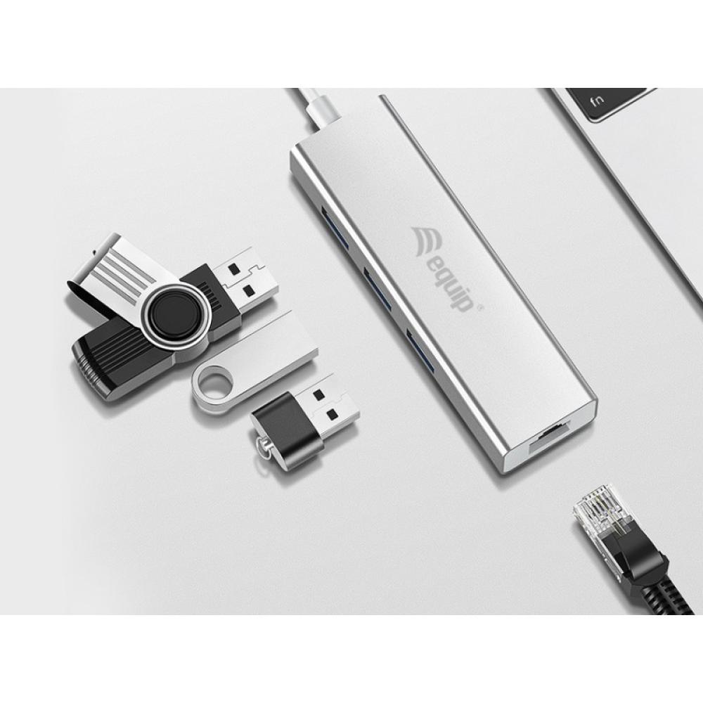 Equip - Hub USB-C a USB 3.0 de 3 puertos con adaptador Gigabit