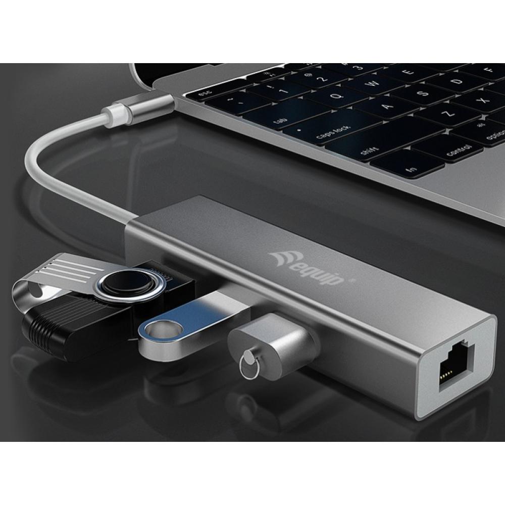 Equip - Hub USB-C a USB 3.0 de 3 puertos con adaptador Gigabit