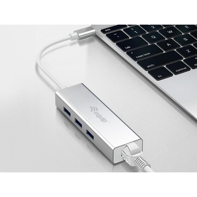 Equip - Hub USB-C a USB 3.0 de 3 puertos con adaptador Gigabit