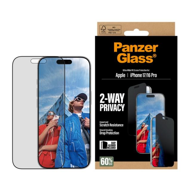 PanzerGlass - 2-Way Privacy Screen Protector iPhone 17 / iPhone 16 Pro / Ultra-Wide Fit w. EasyAligner Protector de pantalla App