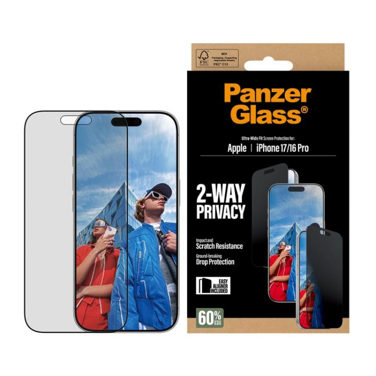 PanzerGlass - 2-Way Privacy Screen Protector iPhone 17 / iPhone 16 Pro / Ultra-Wide Fit w. EasyAligner Protector de pantalla App