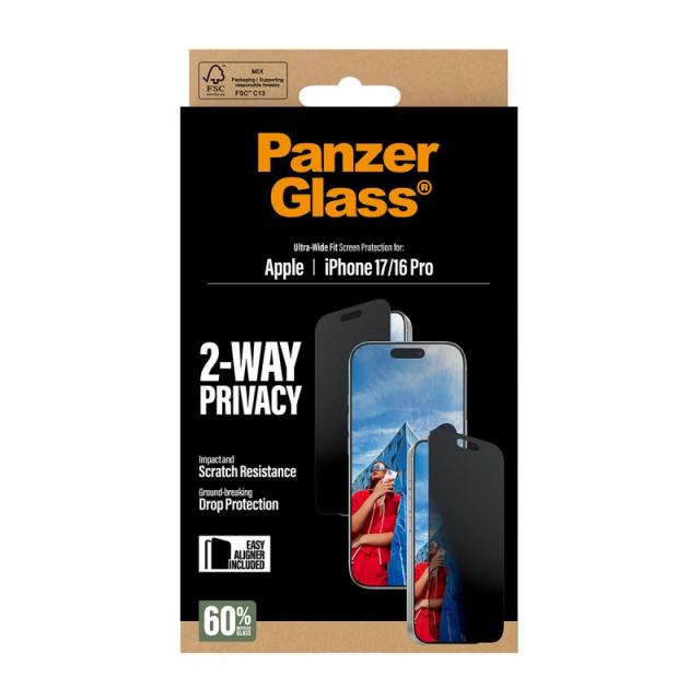 PanzerGlass - 2-Way Privacy Screen Protector iPhone 17 / iPhone 16 Pro / Ultra-Wide Fit w. EasyAligner Protector de pantalla App