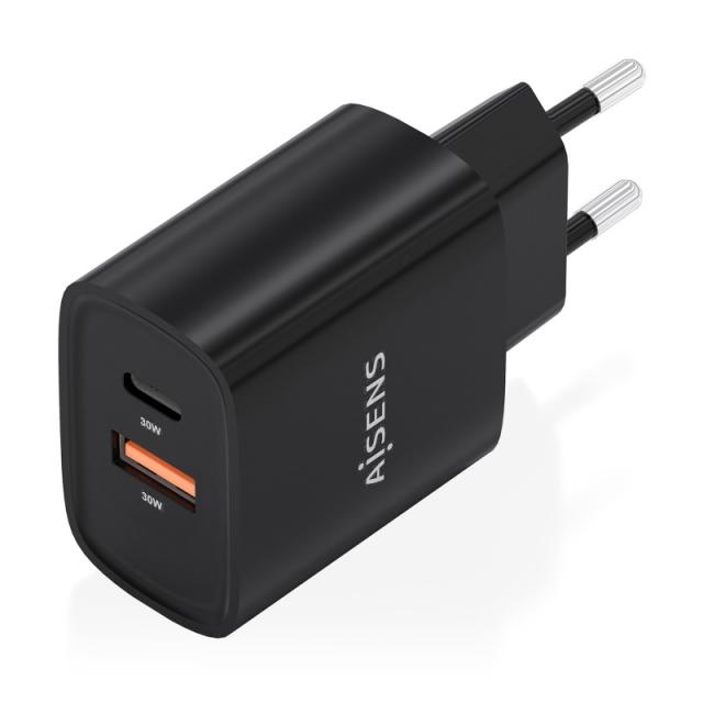 AISENS - Cargador GaN 30W, 1xUSB-C PD3.0 QC4.0, 1xUSB-A QC3.0, Negro - A110-0953