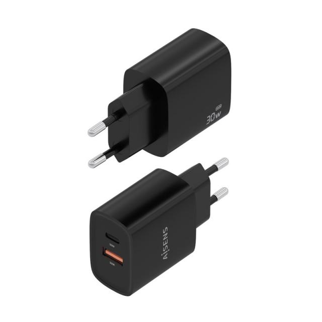 AISENS - Cargador GaN 30W, 1xUSB-C PD3.0 QC4.0, 1xUSB-A QC3.0, Negro - A110-0953