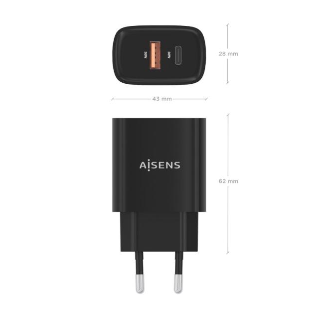 AISENS - Cargador GaN 30W, 1xUSB-C PD3.0 QC4.0, 1xUSB-A QC3.0, Negro - A110-0953