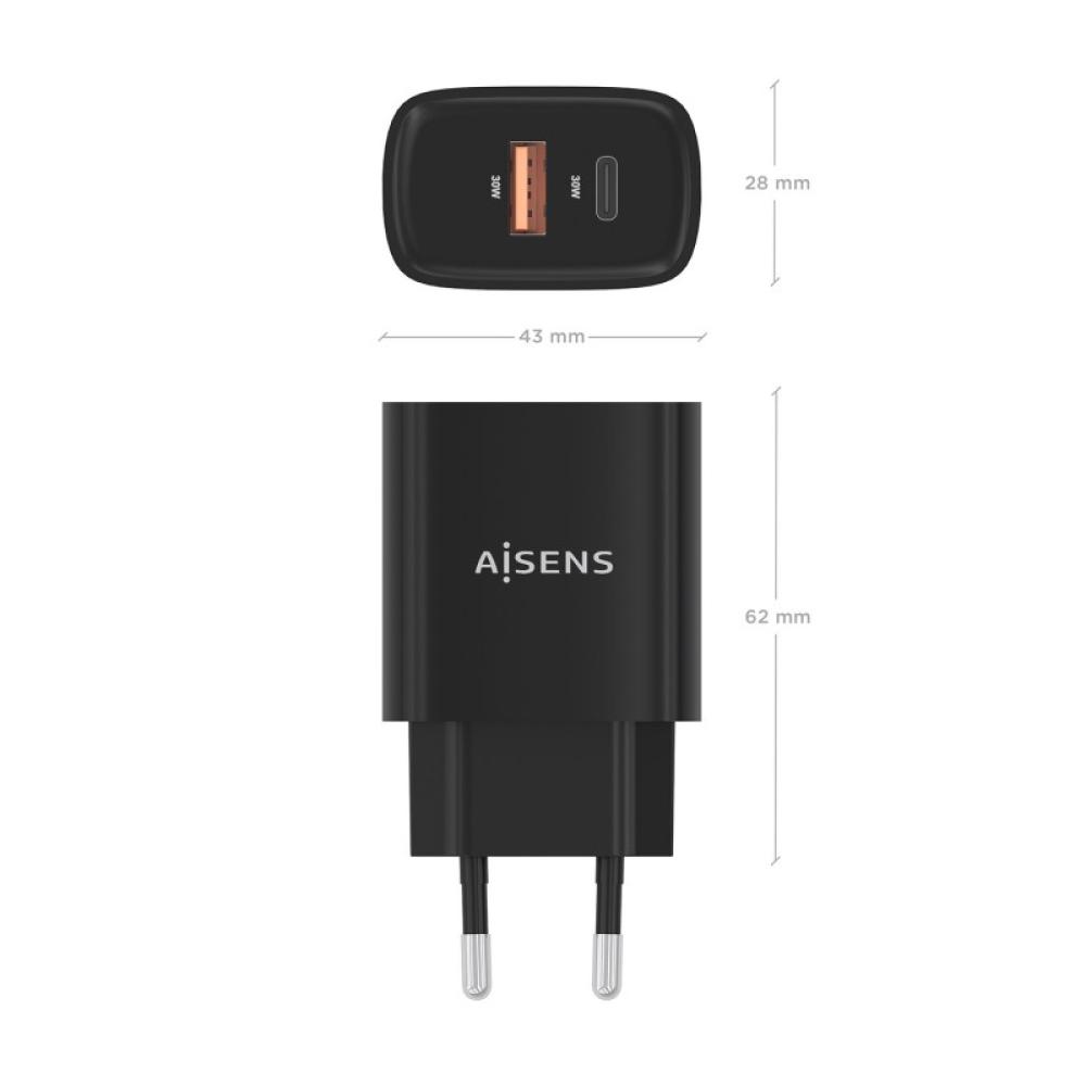 AISENS - Cargador GaN 30W, 1xUSB-C PD3.0 QC4.0, 1xUSB-A QC3.0, Negro - A110-0953