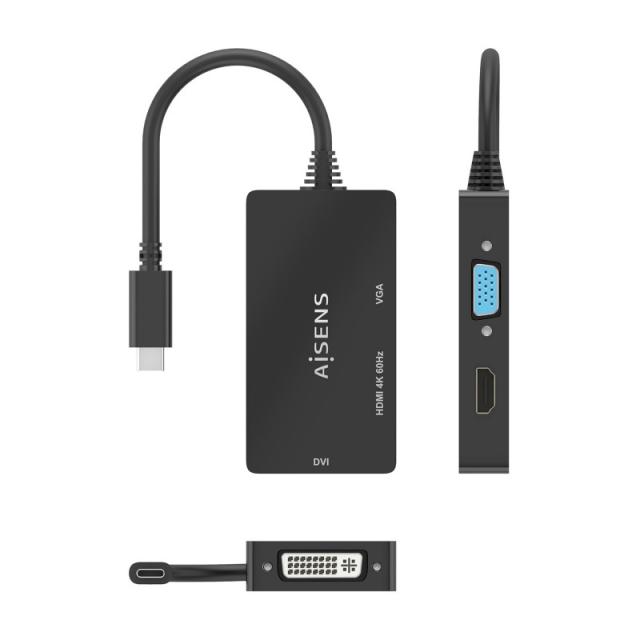 AISENS - Conversor USB-C A DVI/HDMI/VGA, USB-C/M-DVI/H-HDMI/H-VGA/H, Negro, 15cm - A109-0954