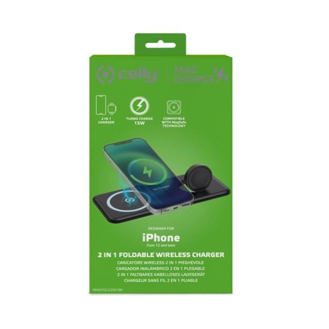 Celly - MAGFOLD2IN1 Smartphone, Reloj inteligente Negro USB Cargador inalámbrico Interior