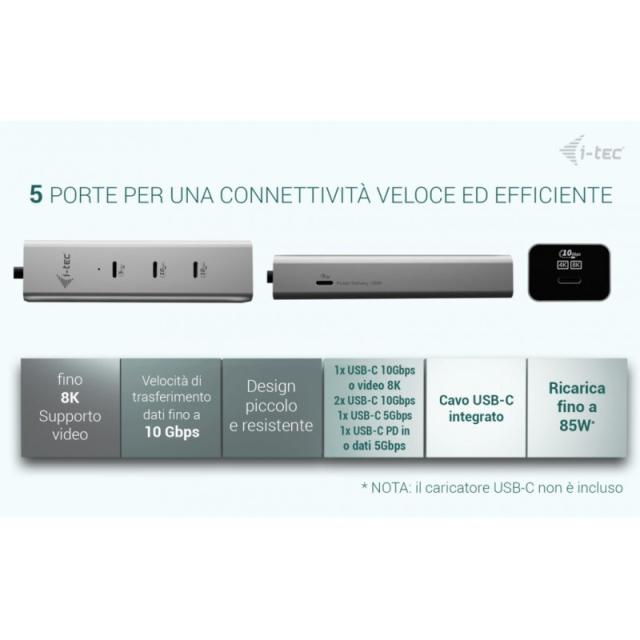 i-tec - Metal USB-C Charging HUB 5port with USB-C video 8K + Power Delivery 85W