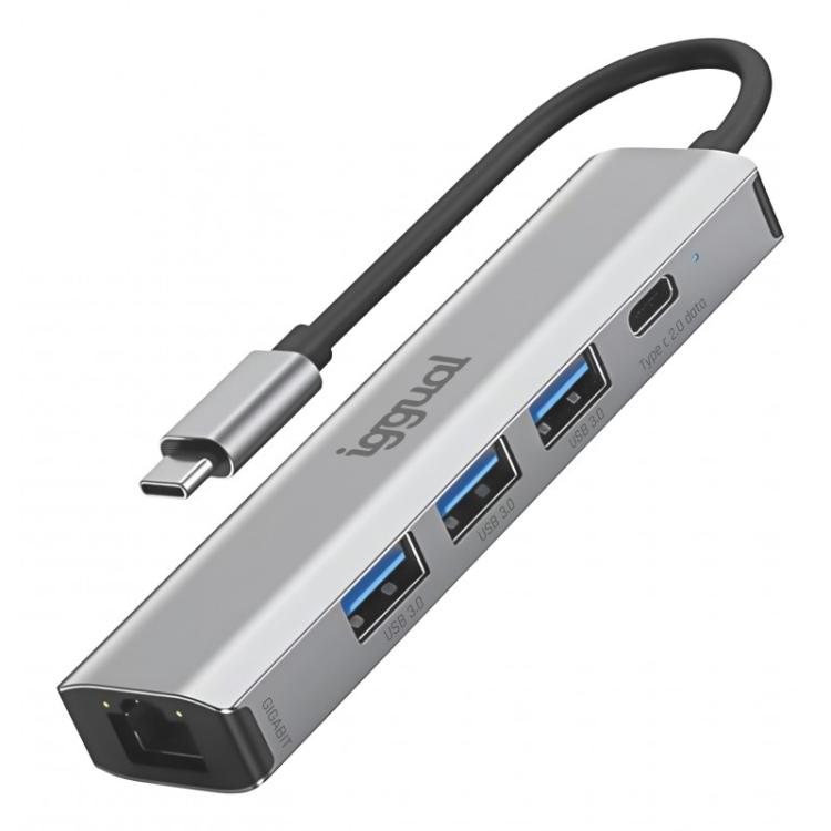 iggual - Hub tipo C 5 puertos 3xUSB + RJ45 + tipo C