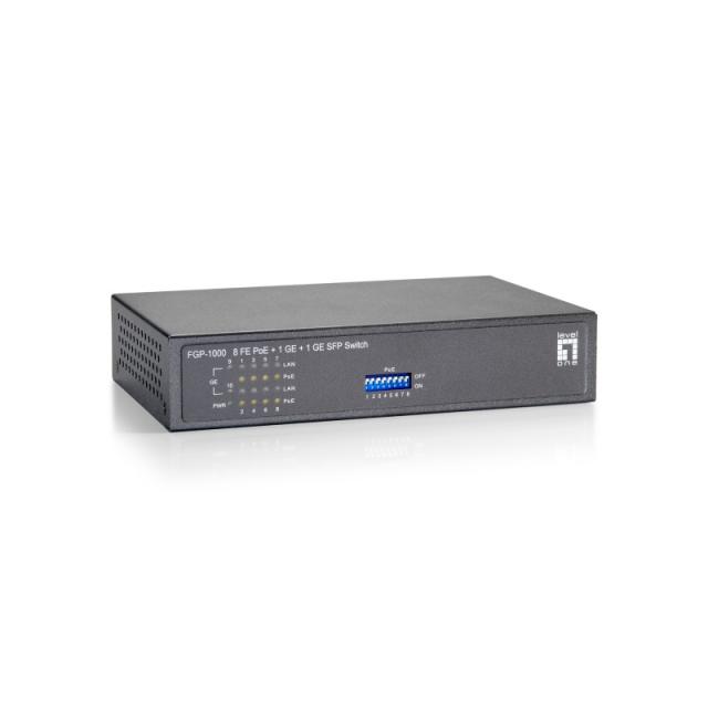 LevelOne - Switch Fast Ethernet PoE de 10 puertos, 1 Port Gigabit, 1 Port Gigabit SFP, 120W, 9 PoE Outputs