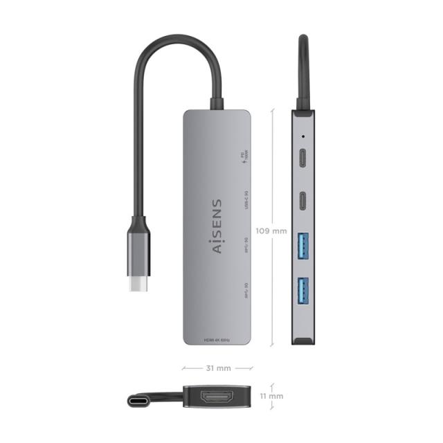 AISENS - USB-C Dock 5 en 1, USB-C a 1xHDMI 2xUSB-A 1xUSB-C 1xUSB-C PD, Gris, 15cm