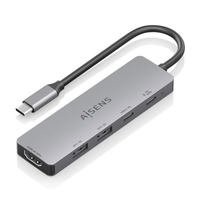 AISENS - USB-C Dock 5 en 1, USB-C a 1xHDMI 2xUSB-A 1xUSB-C 1xUSB-C PD, Gris, 15cm