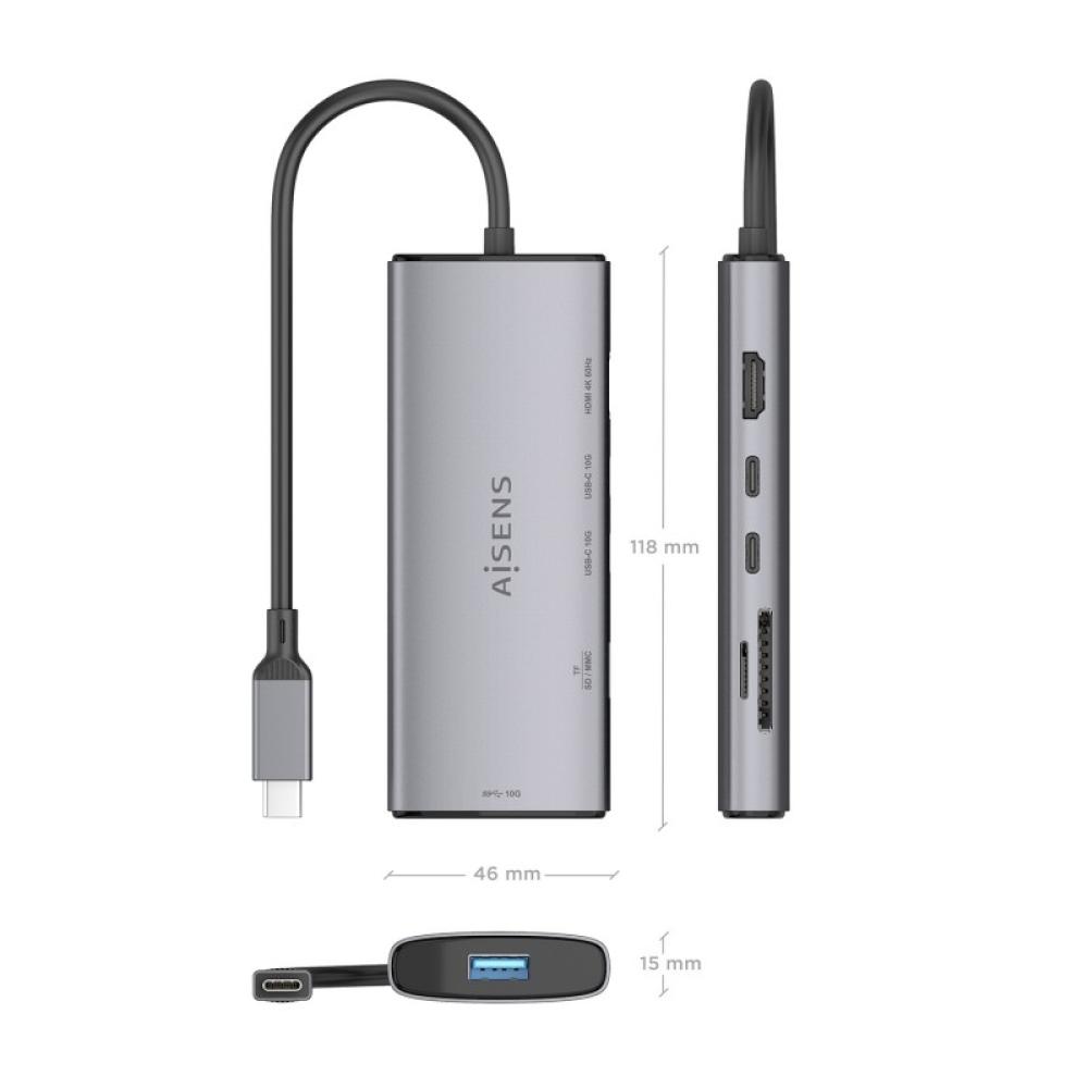 AISENS - USB-C Dock 6 en 1, USB-C a 1xHDMI, 1xUSB-A 10G, 2xUSB-C 10G, 1xSD, 1xMicroSD, Gris, 20cm
