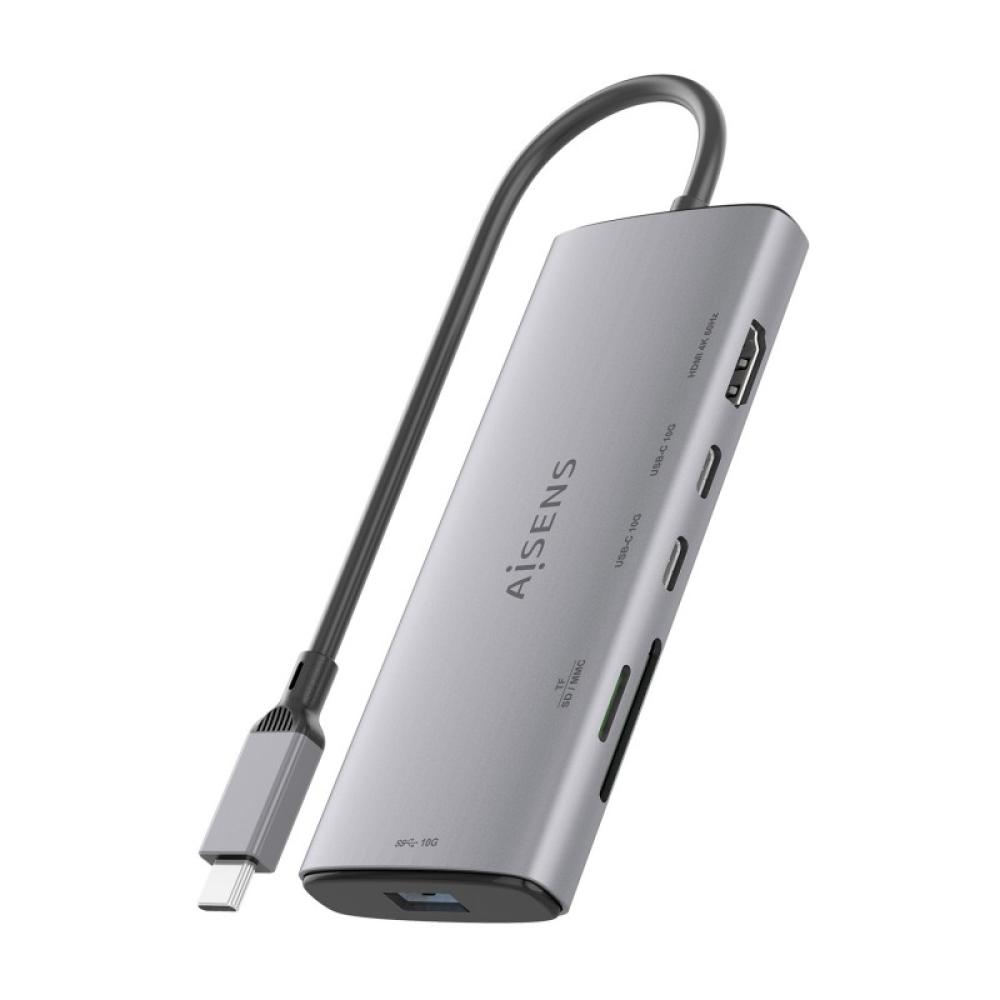 AISENS - USB-C Dock 6 en 1, USB-C a 1xHDMI, 1xUSB-A 10G, 2xUSB-C 10G, 1xSD, 1xMicroSD, Gris, 20cm