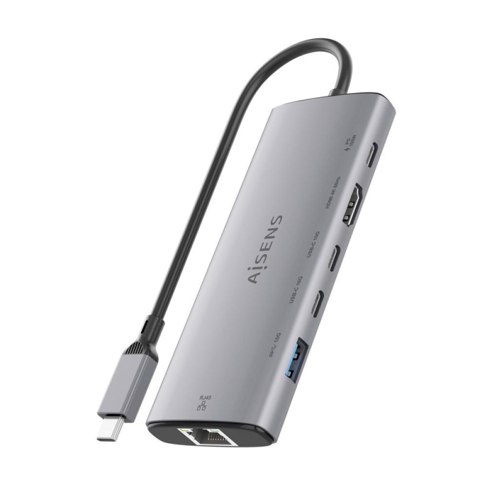 AISENS - USB-C Dock 6 en 1, USB-C a 1xHDMI, 1xRJ45, 1xUSB-A 10G, 2xUSB-C 10G, 1xUSB-C PD, Gris, 20cm