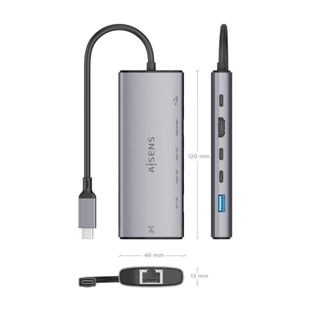 AISENS - USB-C Dock 6 en 1, USB-C a 1xHDMI, 1xRJ45, 1xUSB-A 10G, 2xUSB-C 10G, 1xUSB-C PD, Gris, 20cm