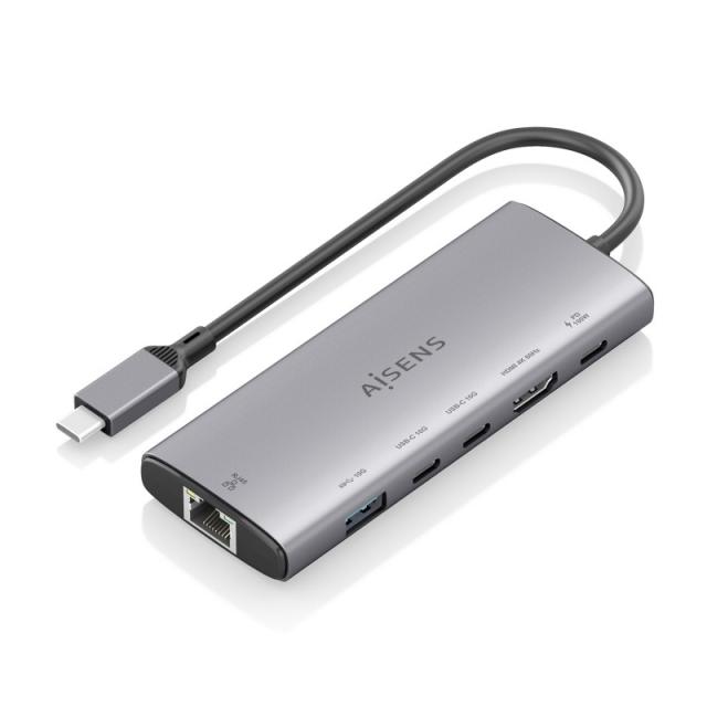 AISENS - USB-C Dock 6 en 1, USB-C a 1xHDMI, 1xRJ45, 1xUSB-A 10G, 2xUSB-C 10G, 1xUSB-C PD, Gris, 20cm