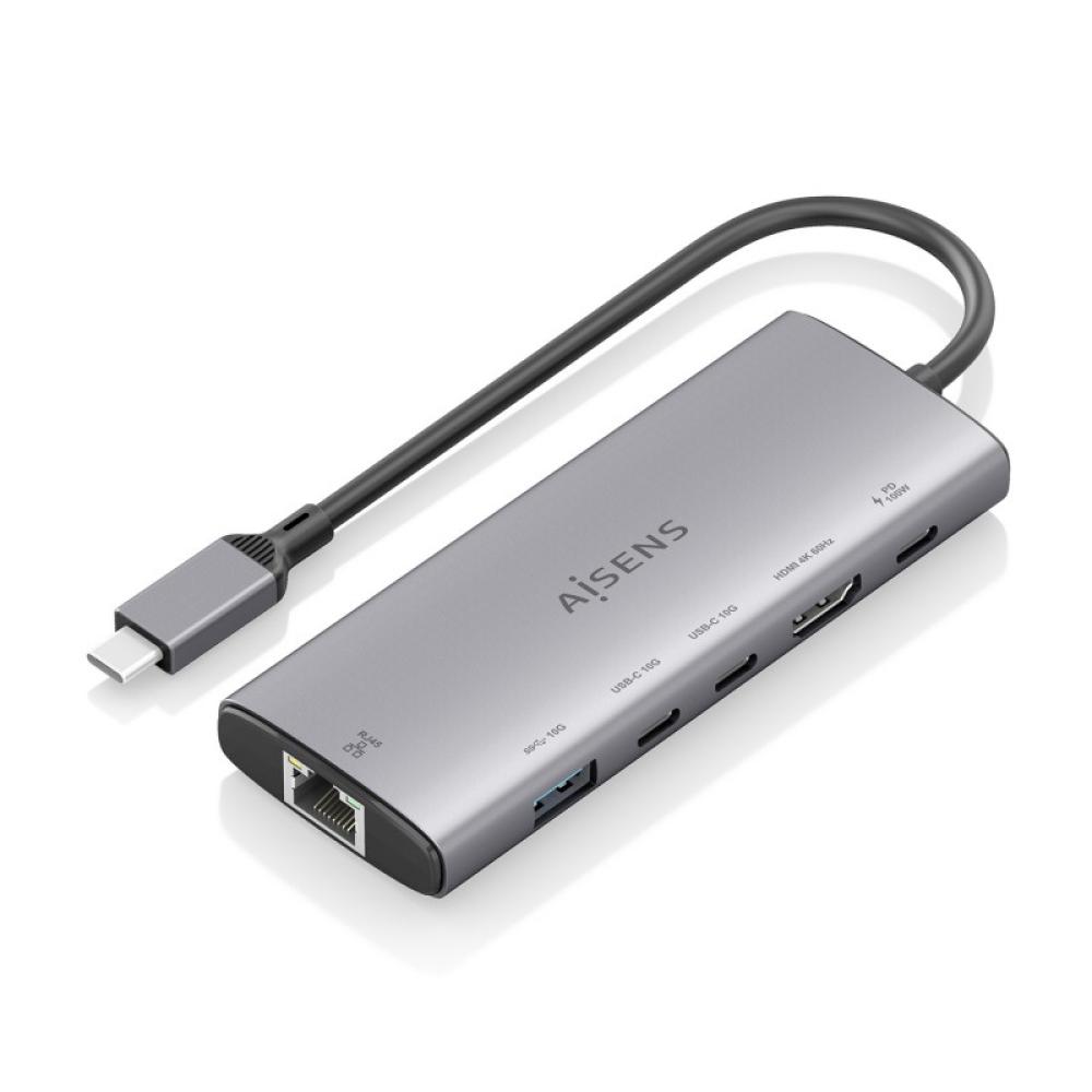 AISENS - USB-C Dock 6 en 1, USB-C a 1xHDMI, 1xRJ45, 1xUSB-A 10G, 2xUSB-C 10G, 1xUSB-C PD, Gris, 20cm