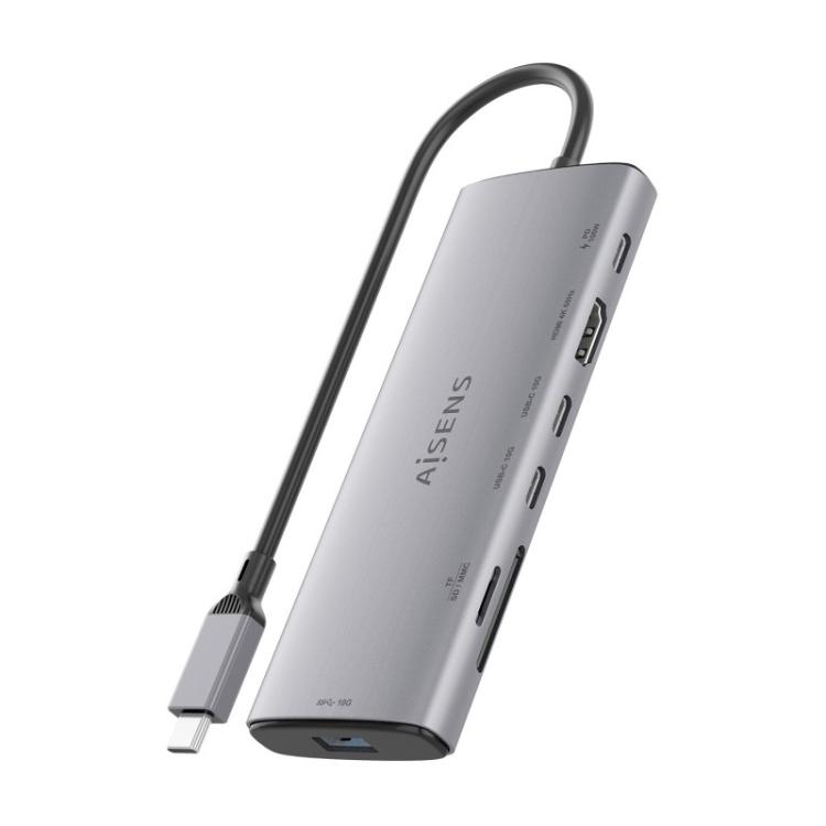 AISENS - USB-C Dock 7 en 1, USB-C a 1xHDMI, 1xUSB-A 10G, 2xUSB-C 10G, 1xSD, 1xMicroSD, 1xUSB-C PD 100W, Gris, 20cm
