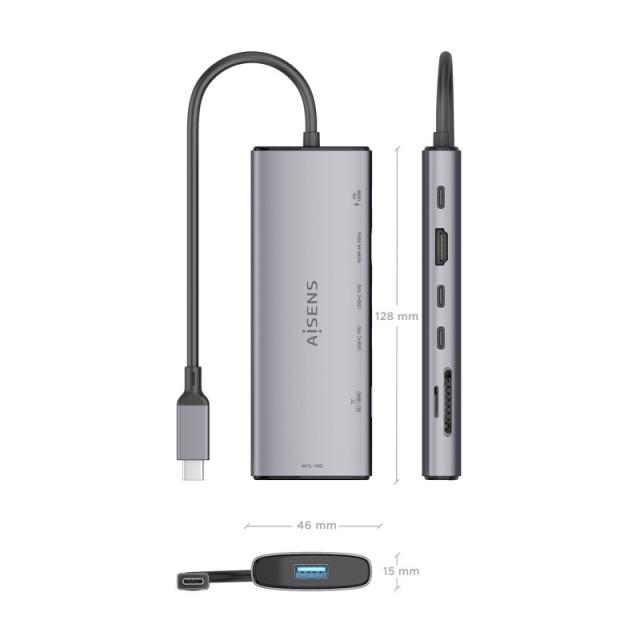 AISENS - USB-C Dock 7 en 1, USB-C a 1xHDMI, 1xUSB-A 10G, 2xUSB-C 10G, 1xSD, 1xMicroSD, 1xUSB-C PD 100W, Gris, 20cm