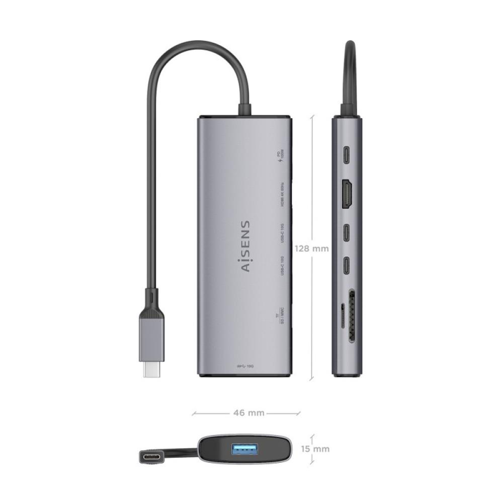 AISENS - USB-C Dock 7 en 1, USB-C a 1xHDMI, 1xUSB-A 10G, 2xUSB-C 10G, 1xSD, 1xMicroSD, 1xUSB-C PD 100W, Gris, 20cm