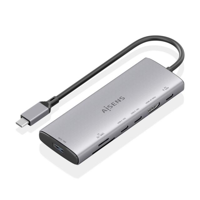 AISENS - USB-C Dock 7 en 1, USB-C a 1xHDMI, 1xUSB-A 10G, 2xUSB-C 10G, 1xSD, 1xMicroSD, 1xUSB-C PD 100W, Gris, 20cm