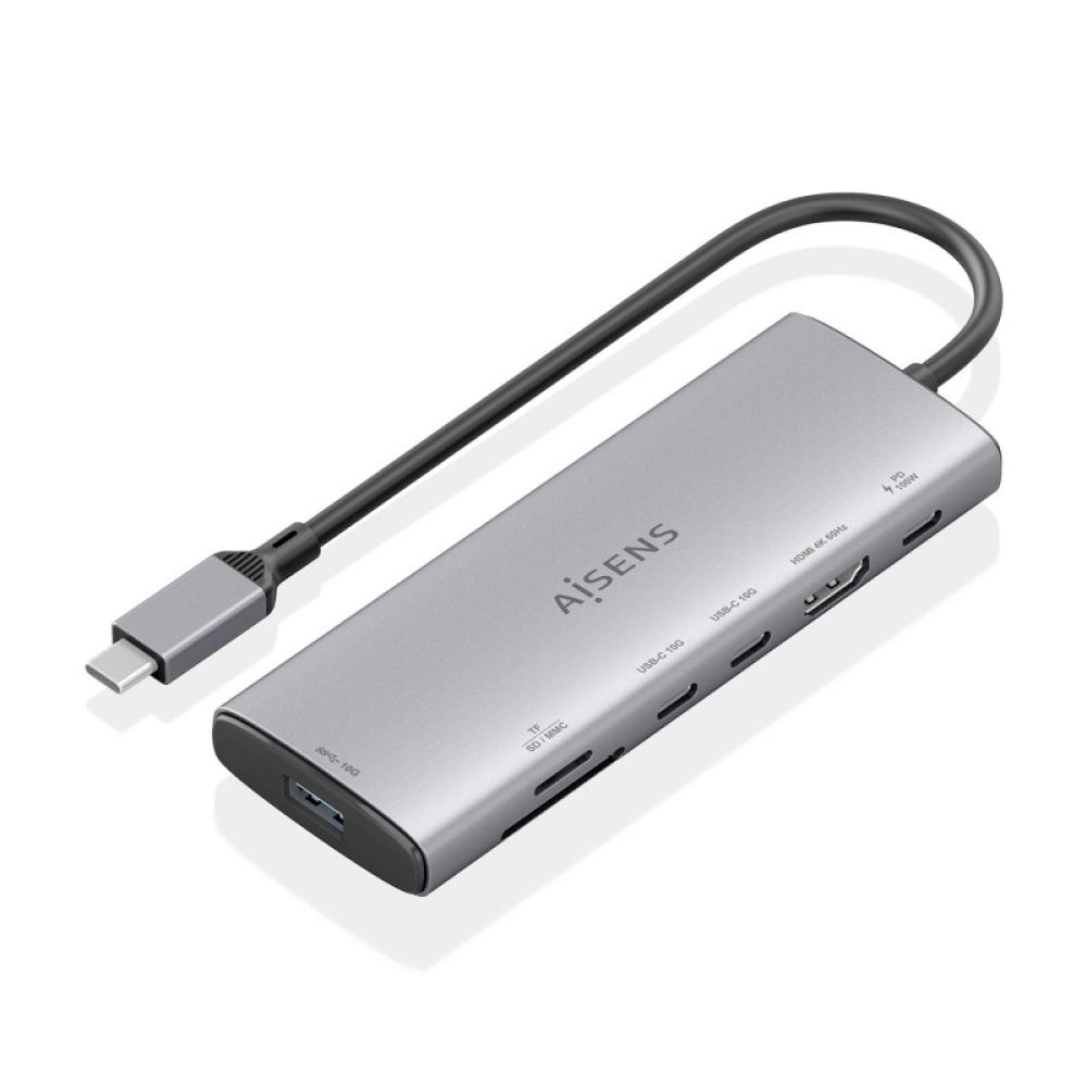 AISENS - USB-C Dock 7 en 1, USB-C a 1xHDMI, 1xUSB-A 10G, 2xUSB-C 10G, 1xSD, 1xMicroSD, 1xUSB-C PD 100W, Gris, 20cm