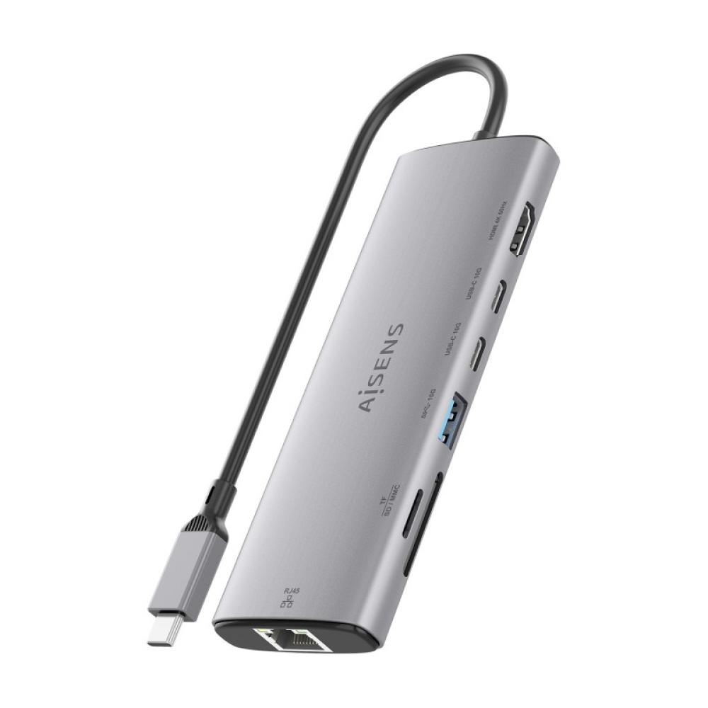 AISENS - USB-C Dock 7 en 1, USB-C a 1xHDMI, 1xRJ45, 1xUSB-A 10G, 2xUSB-C 10G, 1xSD, 1xMicroSD, Gris, 20cm