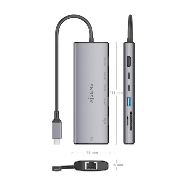 AISENS - USB-C Dock 7 en 1, USB-C a 1xHDMI, 1xRJ45, 1xUSB-A 10G, 2xUSB-C 10G, 1xSD, 1xMicroSD, Gris, 20cm