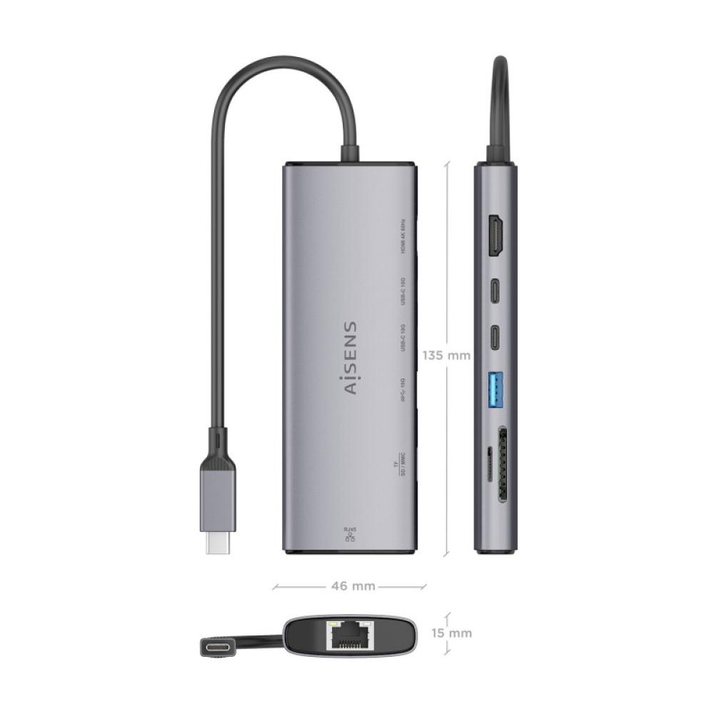AISENS - USB-C Dock 7 en 1, USB-C a 1xHDMI, 1xRJ45, 1xUSB-A 10G, 2xUSB-C 10G, 1xSD, 1xMicroSD, Gris, 20cm