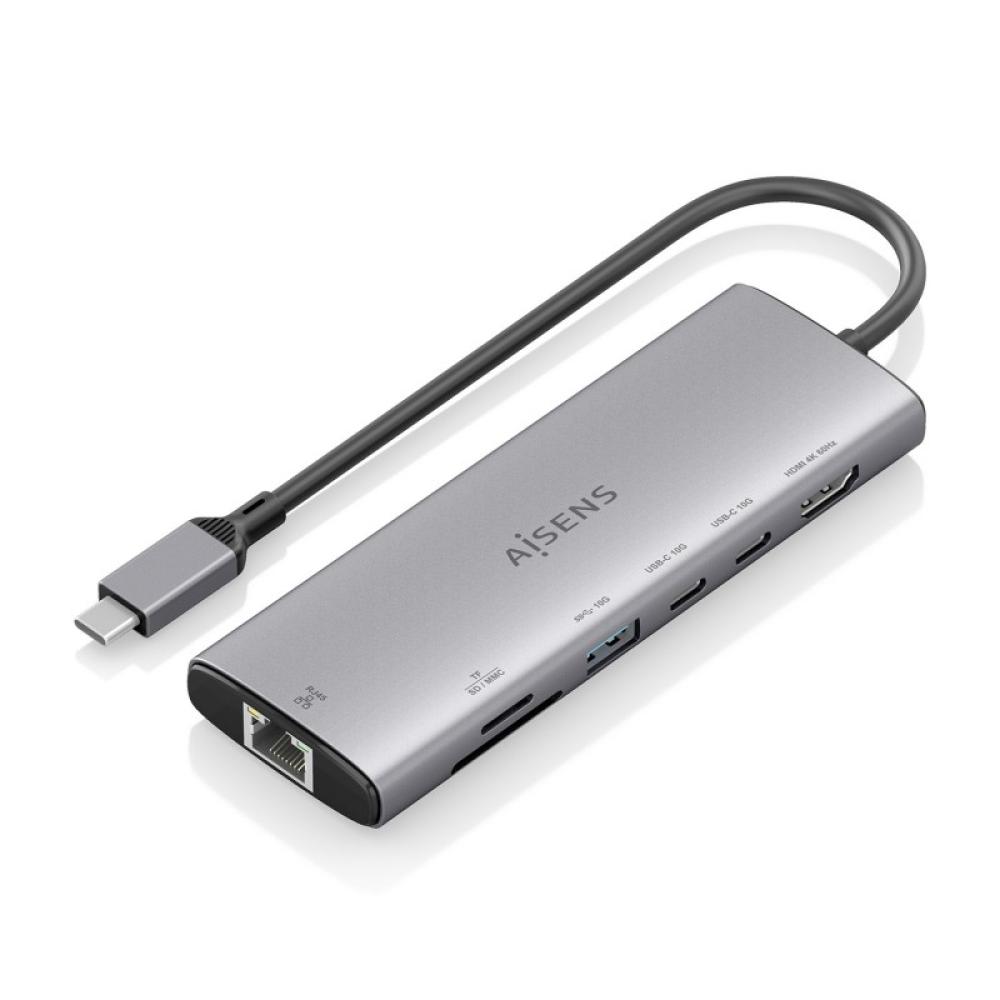 AISENS - USB-C Dock 7 en 1, USB-C a 1xHDMI, 1xRJ45, 1xUSB-A 10G, 2xUSB-C 10G, 1xSD, 1xMicroSD, Gris, 20cm
