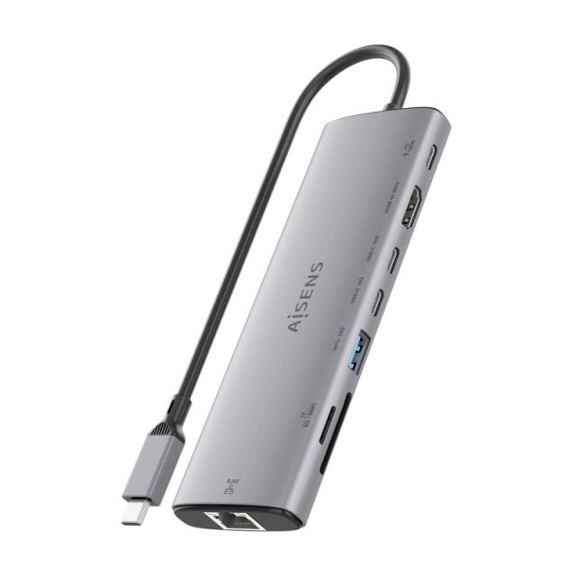 AISENS - USB-C Dock 8 en 1, USB-C a 1xHDMI, 1xRJ45, 1xUSB-A 10G, 2xUSB-C 10G, 1xSD, 1xMicroSD, 1xUSB-C PD 100W, Gris, 20cm