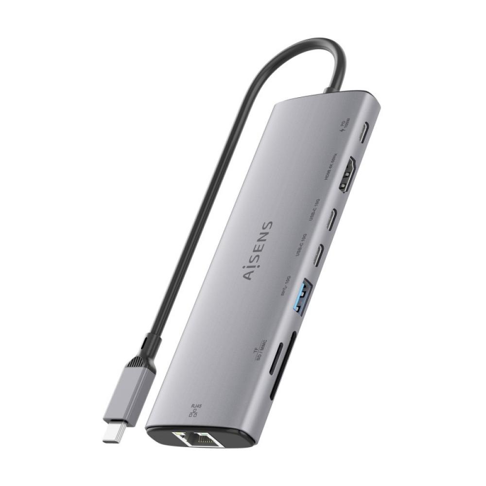 AISENS - USB-C Dock 8 en 1, USB-C a 1xHDMI, 1xRJ45, 1xUSB-A 10G, 2xUSB-C 10G, 1xSD, 1xMicroSD, 1xUSB-C PD 100W, Gris, 20cm