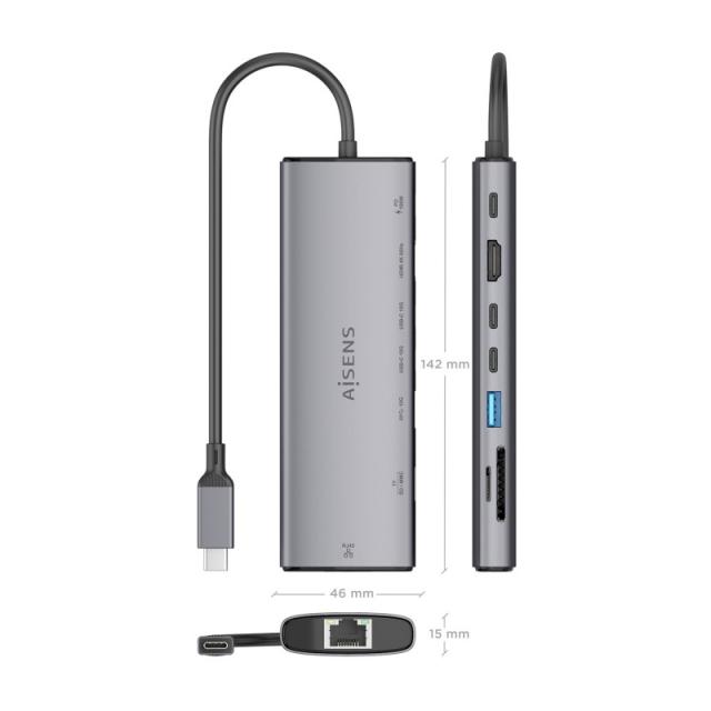 AISENS - USB-C Dock 8 en 1, USB-C a 1xHDMI, 1xRJ45, 1xUSB-A 10G, 2xUSB-C 10G, 1xSD, 1xMicroSD, 1xUSB-C PD 100W, Gris, 20cm