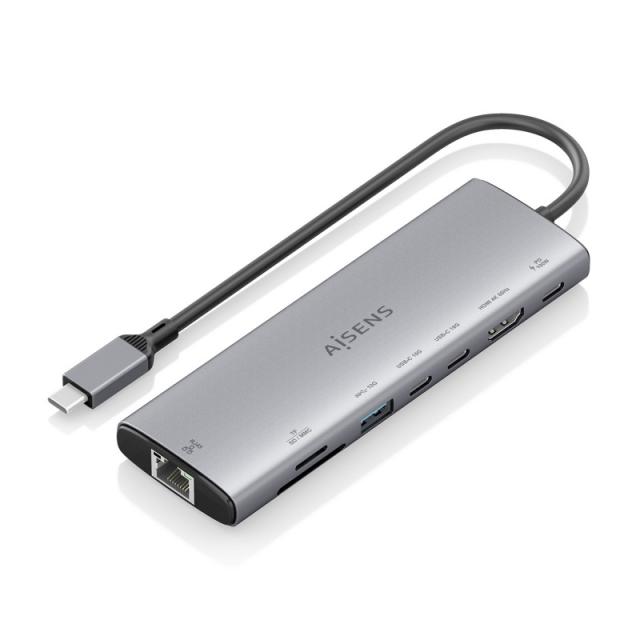 AISENS - USB-C Dock 8 en 1, USB-C a 1xHDMI, 1xRJ45, 1xUSB-A 10G, 2xUSB-C 10G, 1xSD, 1xMicroSD, 1xUSB-C PD 100W, Gris, 20cm