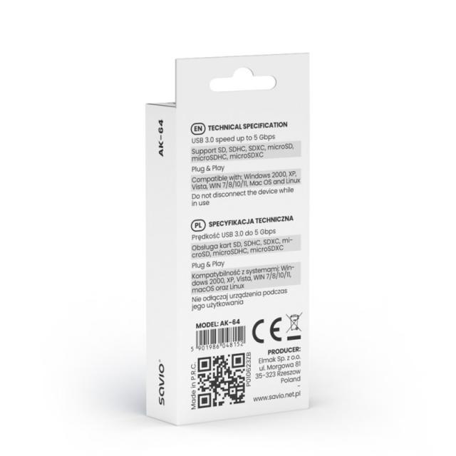 Savio - AK-64 tarjeta y adaptador de interfaz USB 3.2 Gen 1 (3.1 Gen 1)