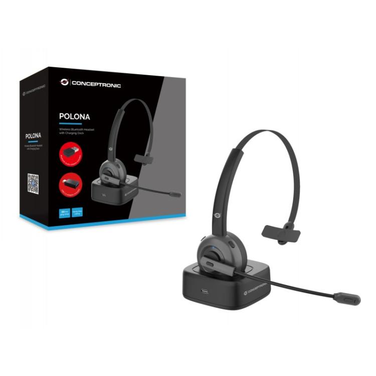 Conceptronic - POLONA03BDA auricular y casco Auriculares Inalámbrico Diadema Oficina/Centro de llamadas Bluetooth Base de carga