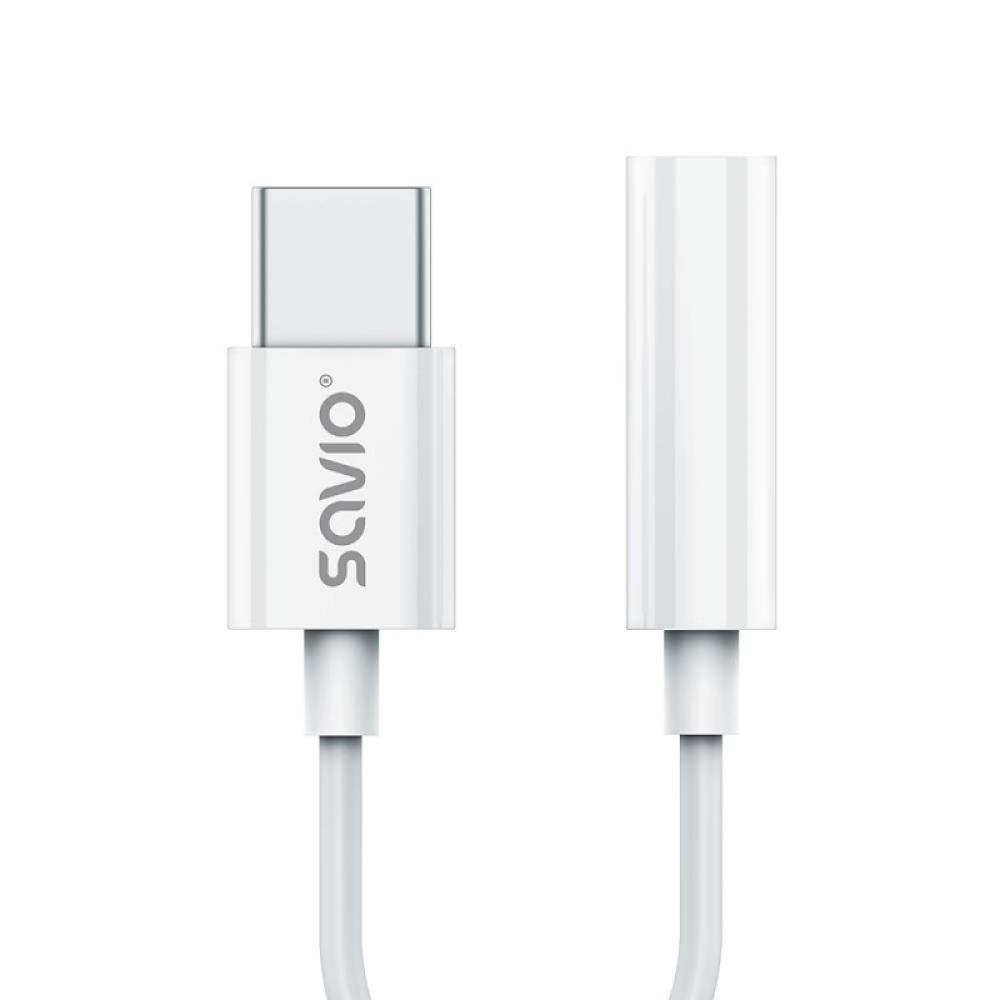 Savio - AK-51 cable de audio 0,11 m 3,5mm USB Tipo C Blanco