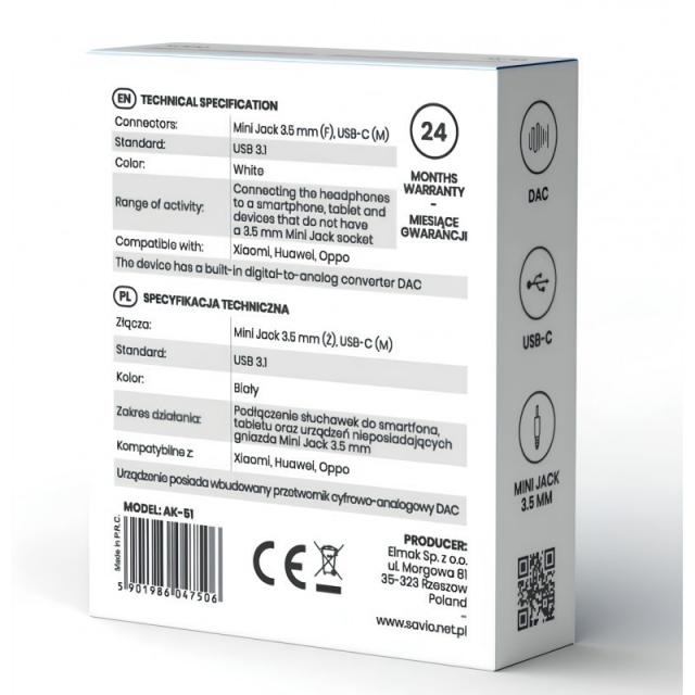 Savio - AK-51 cable de audio 0,11 m 3,5mm USB Tipo C Blanco