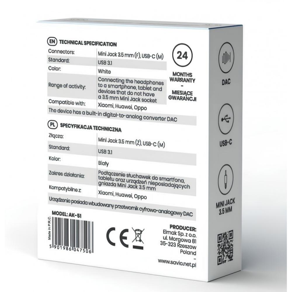 Savio - AK-51 cable de audio 0,11 m 3,5mm USB Tipo C Blanco